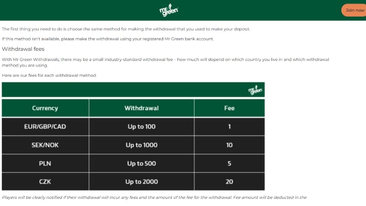 mr green withdrawal fees