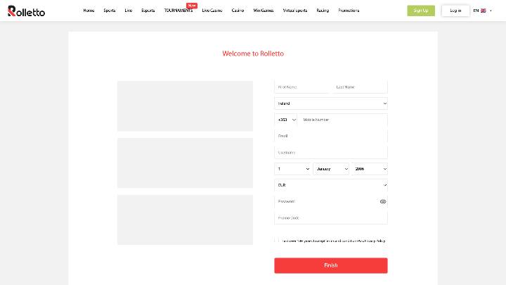 Rolletto Casino Registration page