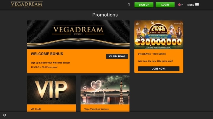 Vegadream Casino Bonus Welcome Page
